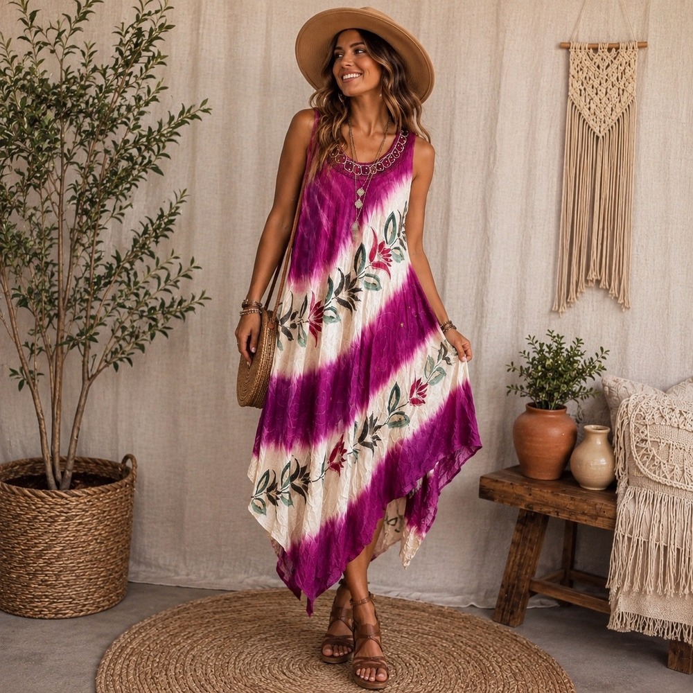 OS 98 California Woman Boho Tie Dye Floral Handkerchief Hem Dress Free Size